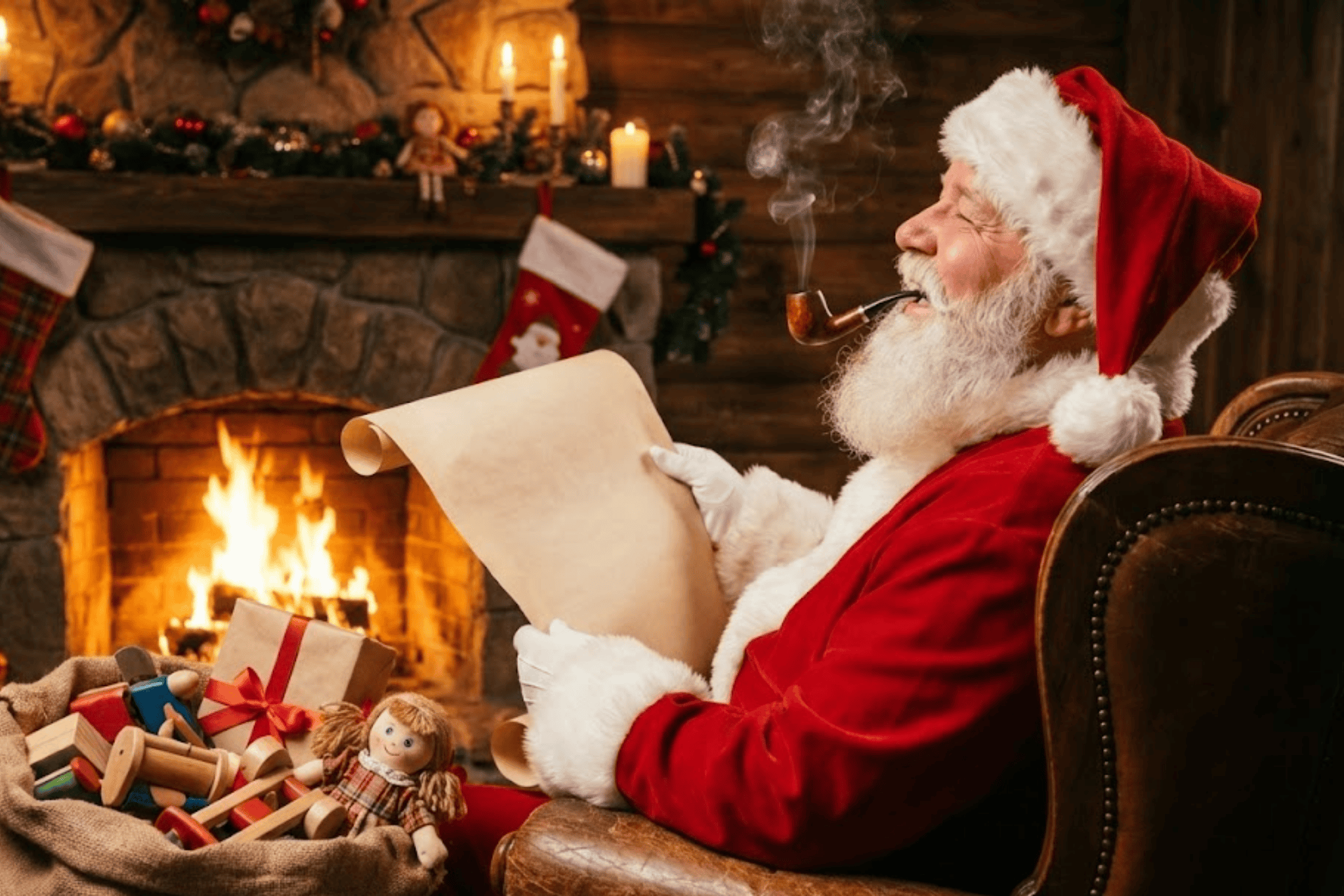 Santa in front of a fire holding a paper on which he will write a list.