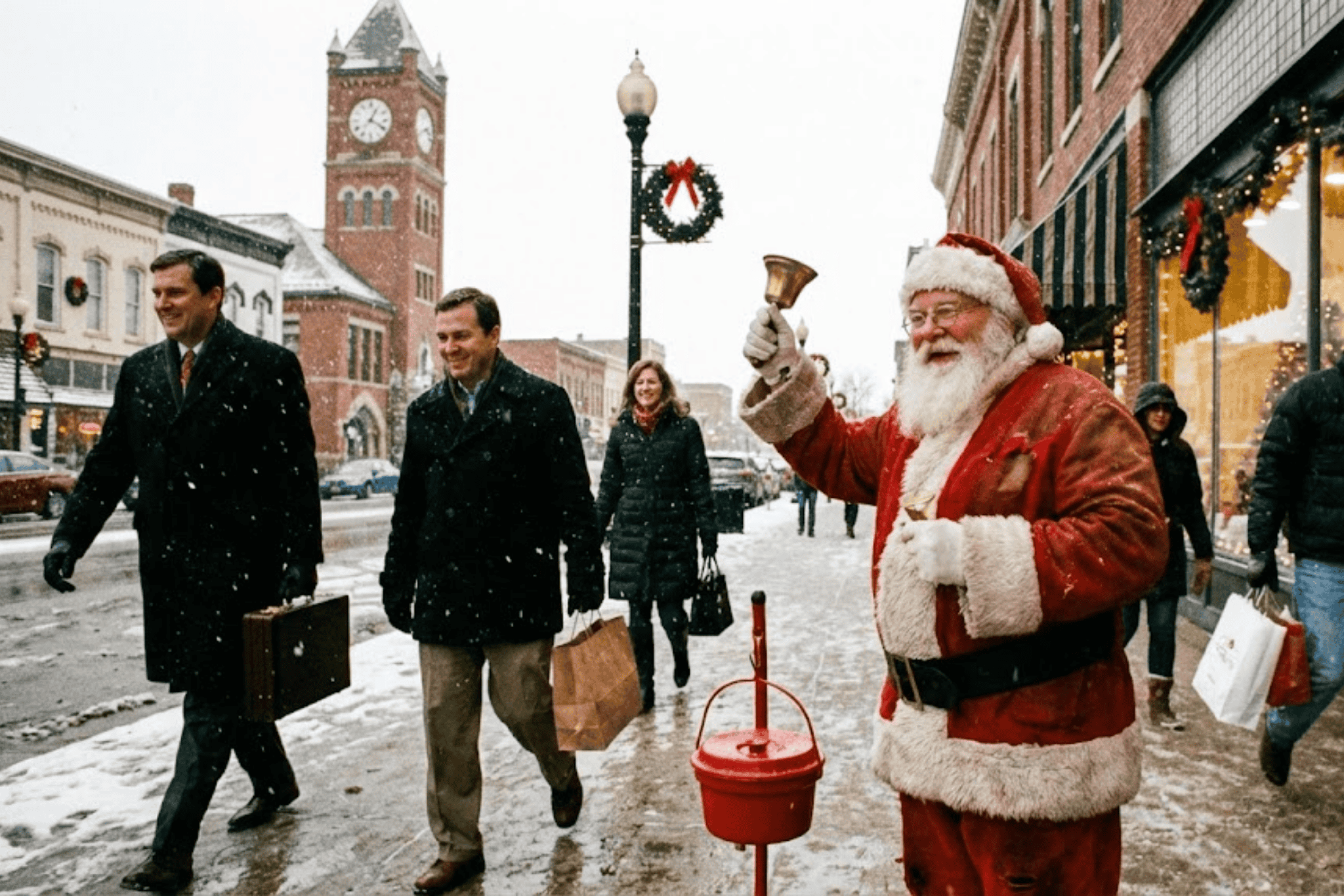 A santa rings his bell in a midwestern town during the holiday season.