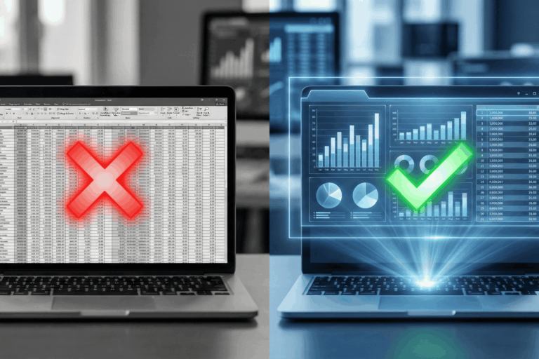 A messy spreadsheet on the left and a clean data dashboard on the right.