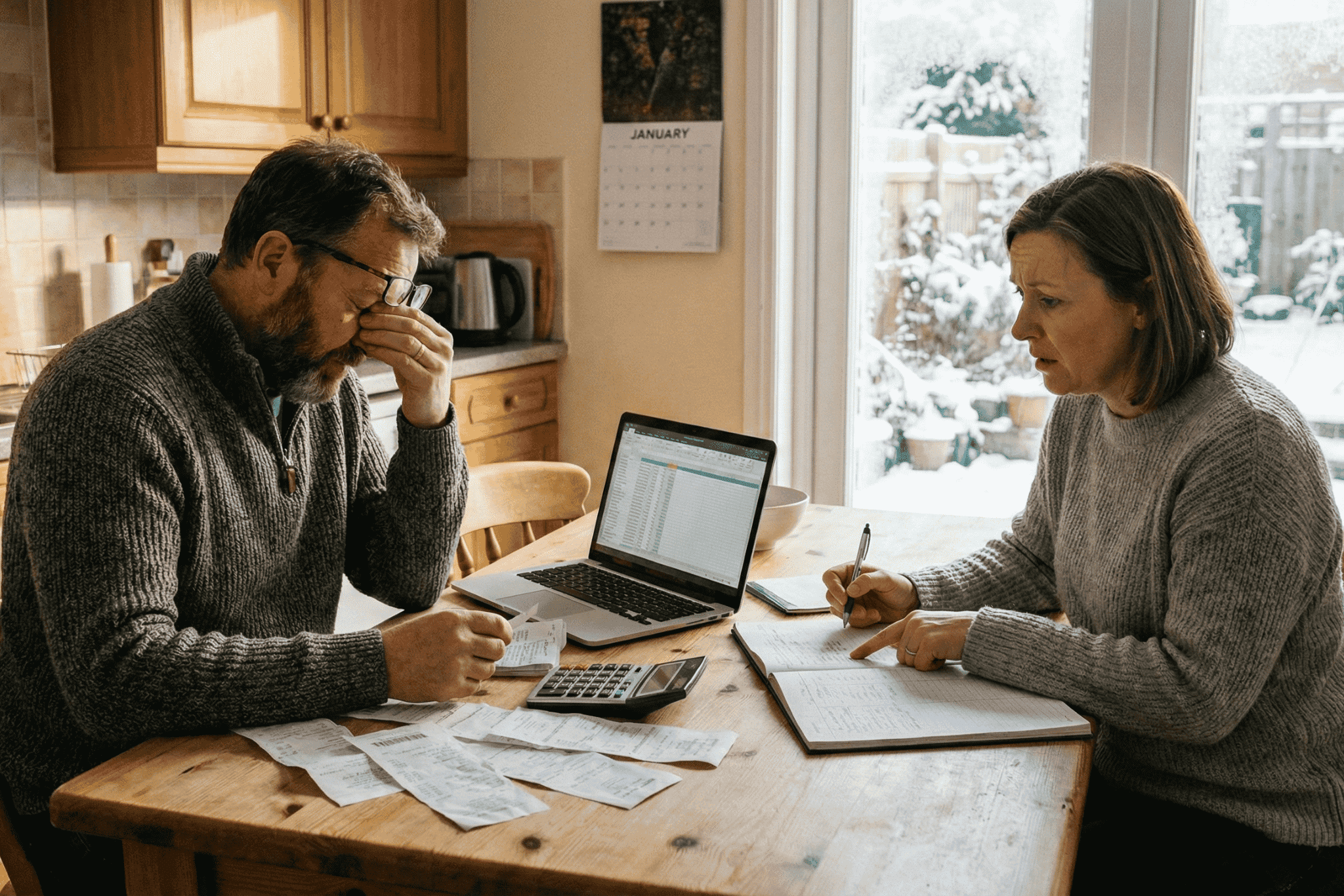 A couple at a kitchen table doing data audits for budget and weight.