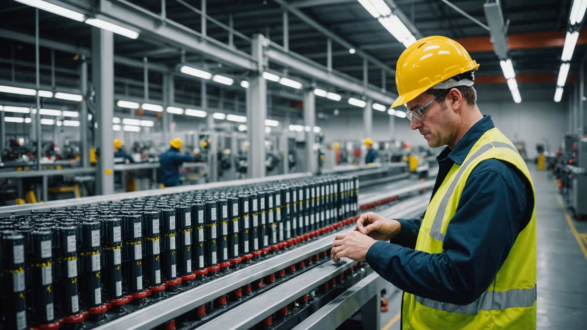 A factory worker assembling batteries for hybrid and electric cars.