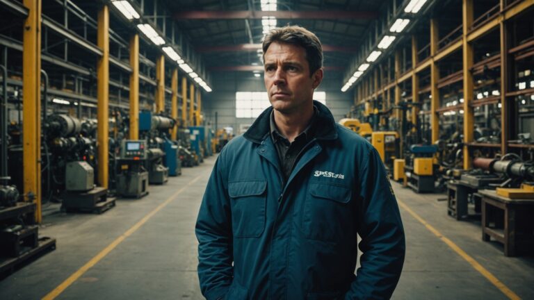 A factory worker standing in a warehouse.