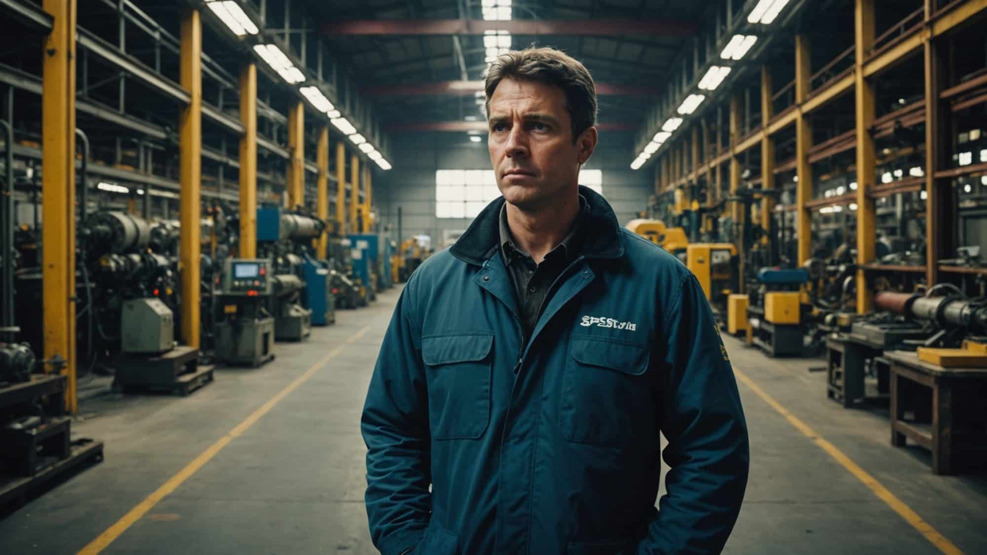 A factory worker standing in a warehouse.