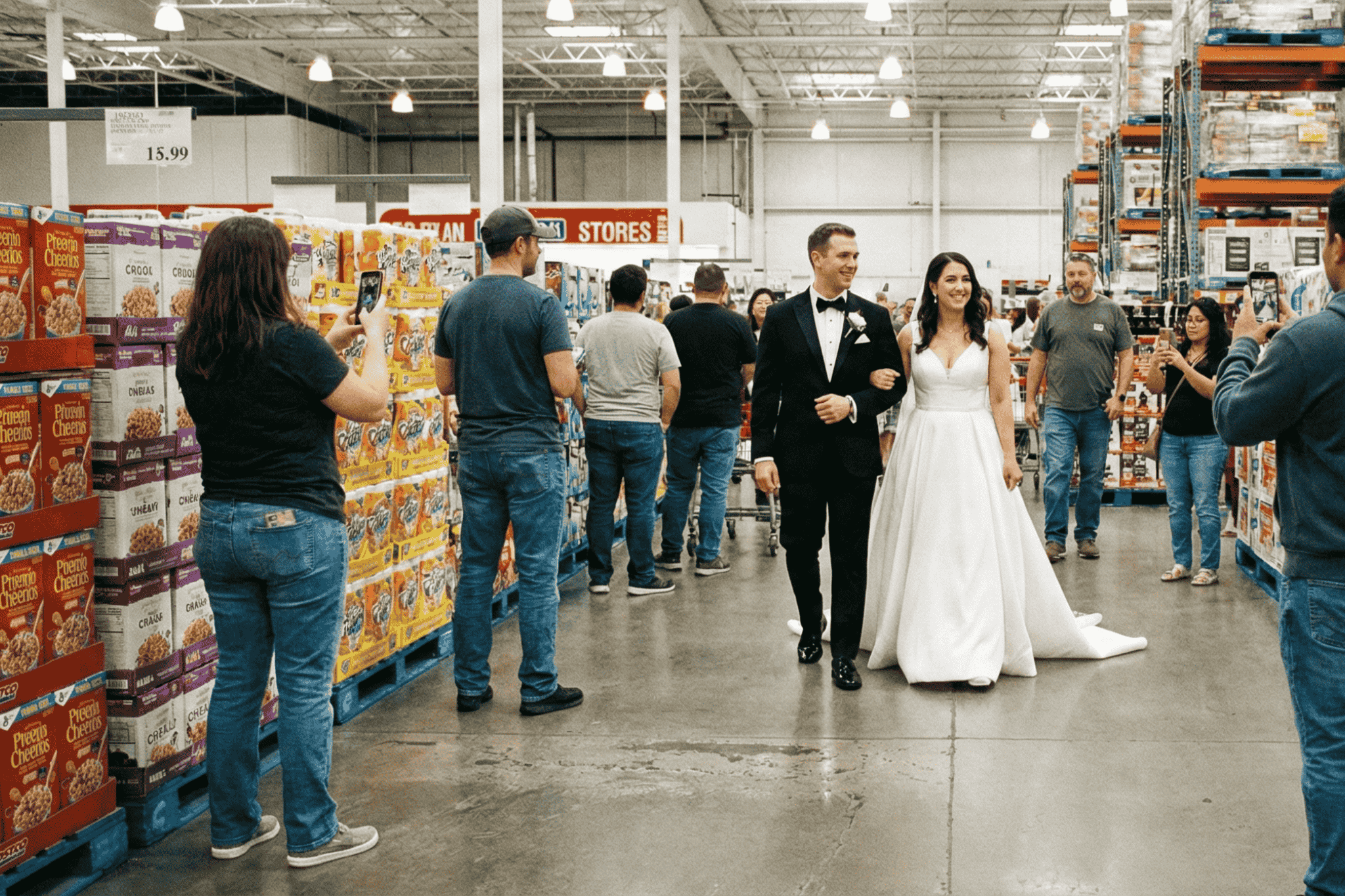 Shoppers in formalwear in a big box store.