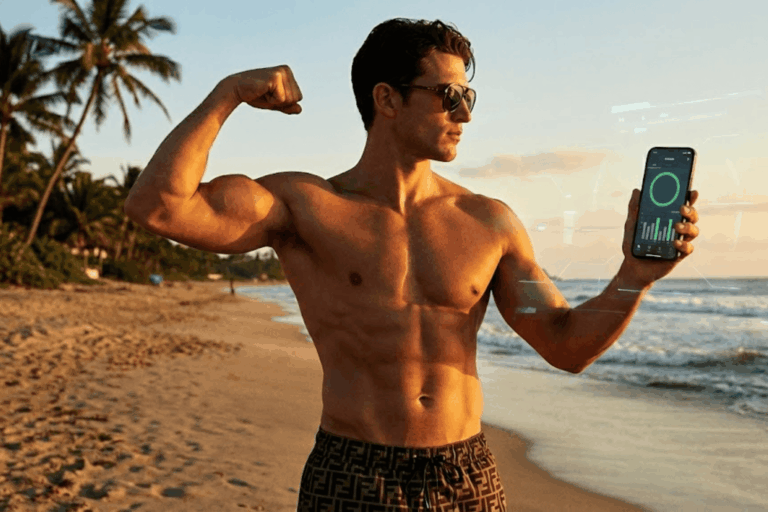 A man on a beach looks at his phone to track weight loss.