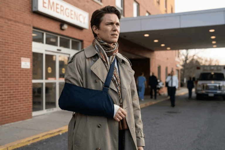 A man with a broken arm stands outside an emergency room.