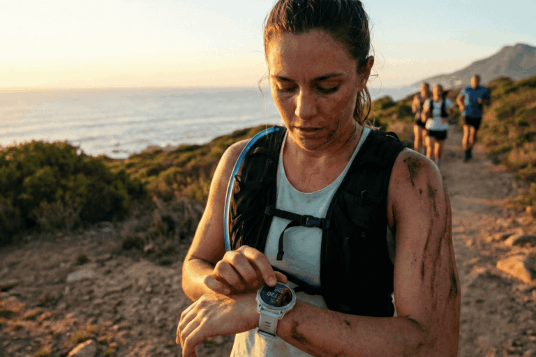 An ultramarathon runner checking her smart watch.
