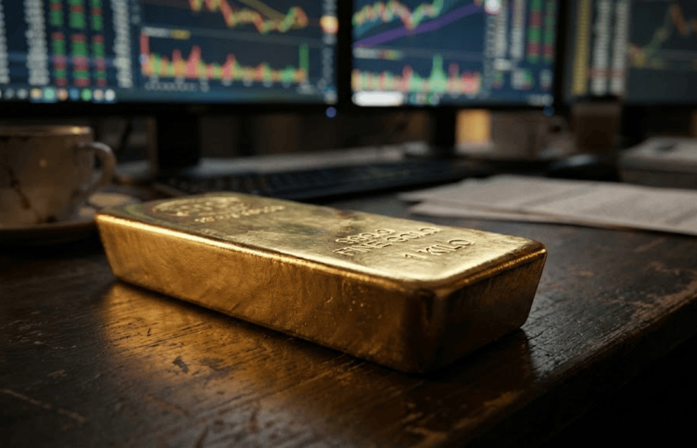 A gold bar in front of a financial analyst's monitor.