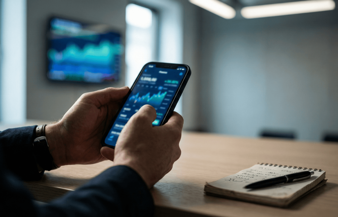 A hand holding a phone showing financial charts with a pad of paper for notes aside.
