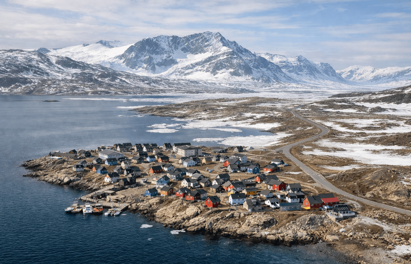 An aerial view of a town in Greenland.