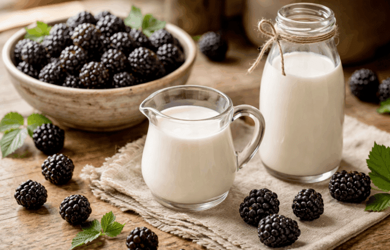 milk and blackberries on a counter.