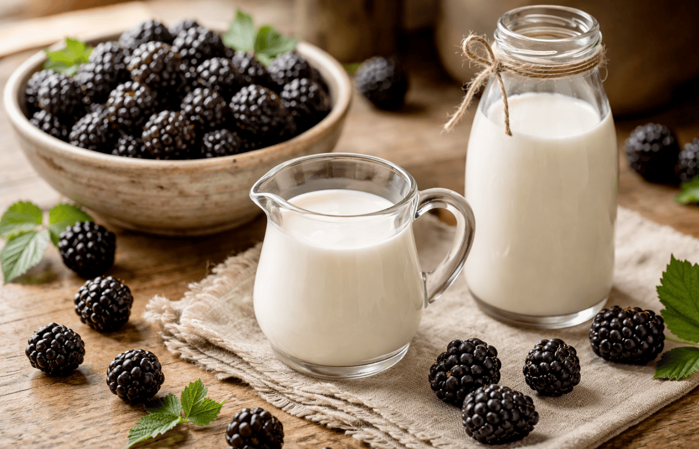milk and blackberries on a counter.