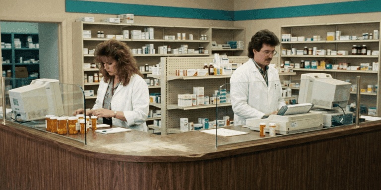 Two pharmacists at an older pharmacy.