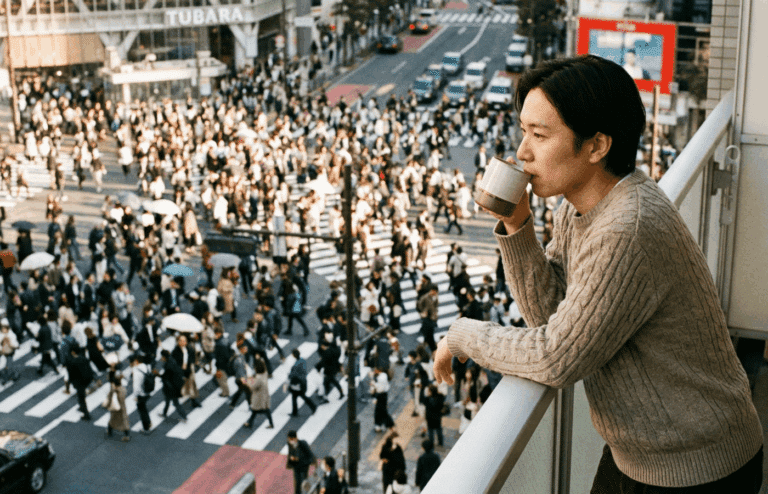A confident remote worker standing on a balcony overlooking a crowded street.