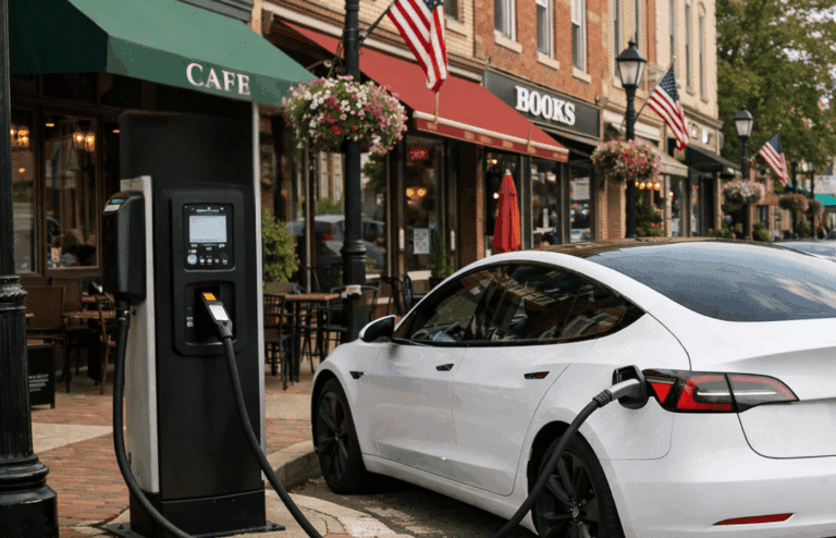 A tesla charging on main street.