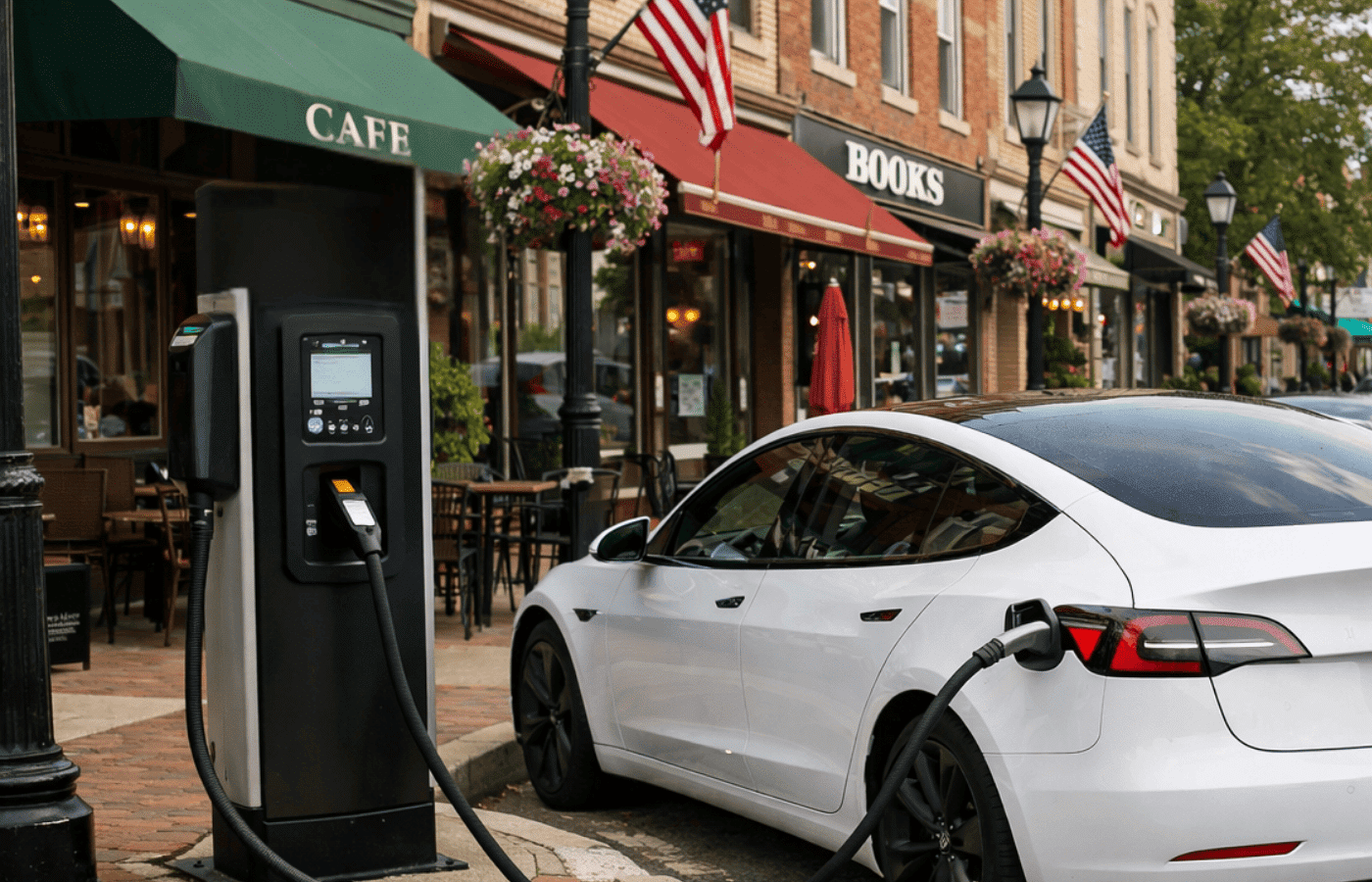 A tesla charging on main street.