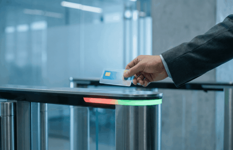 A hand swiping in at an office building.