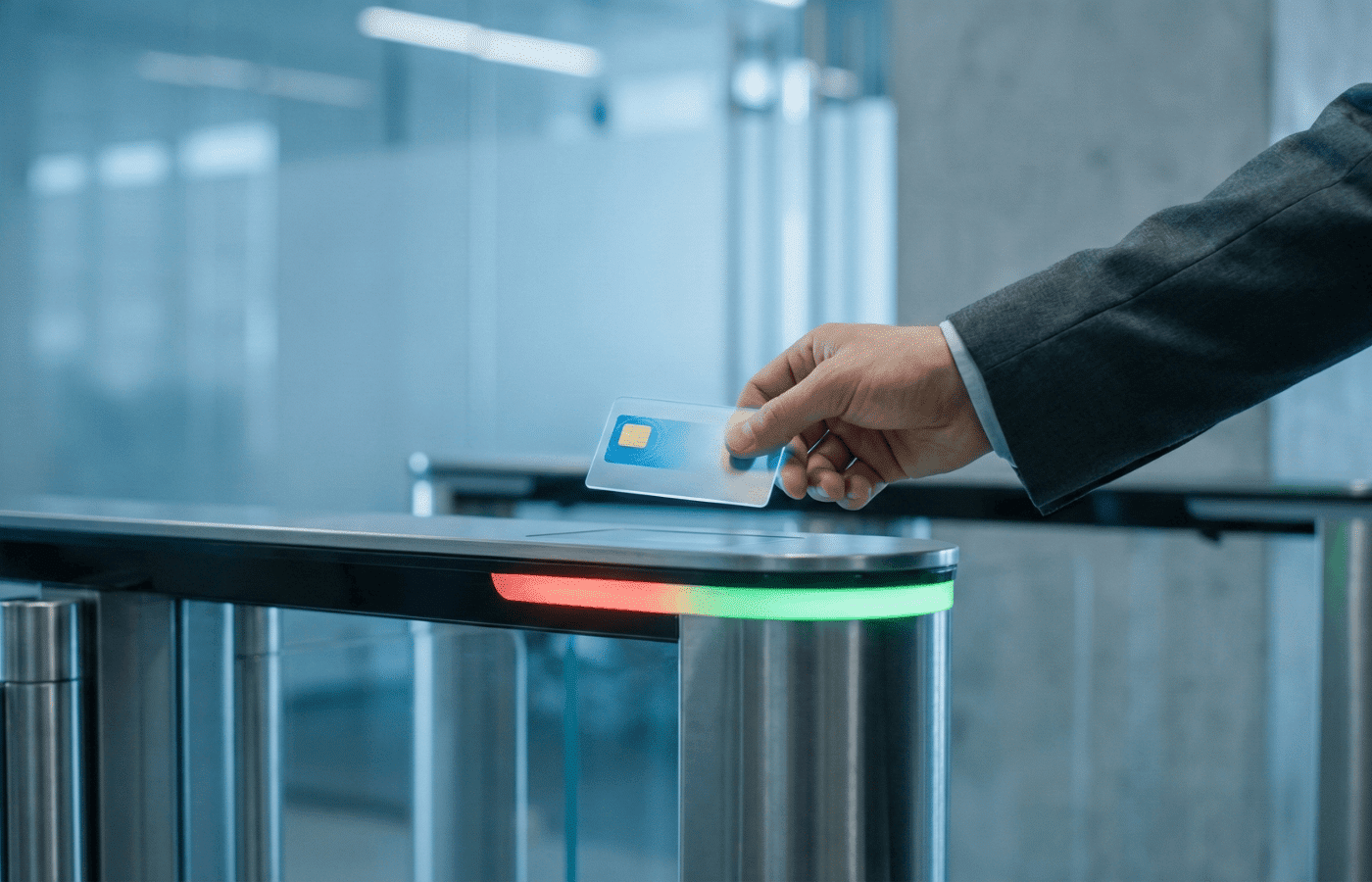 A hand swiping in at an office building.
