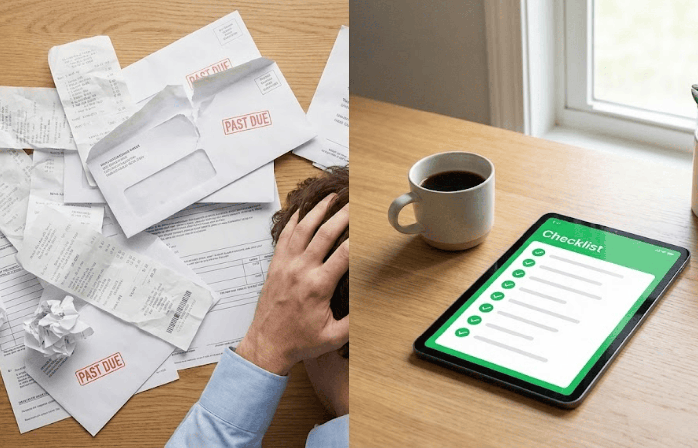 A messy desk shown next to an organized checklist.