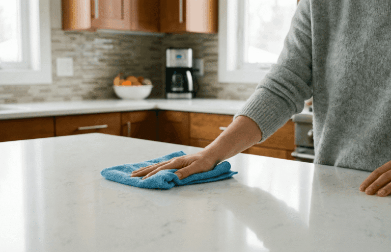 A person wiping down a kitchen counter with a microfiber cloth