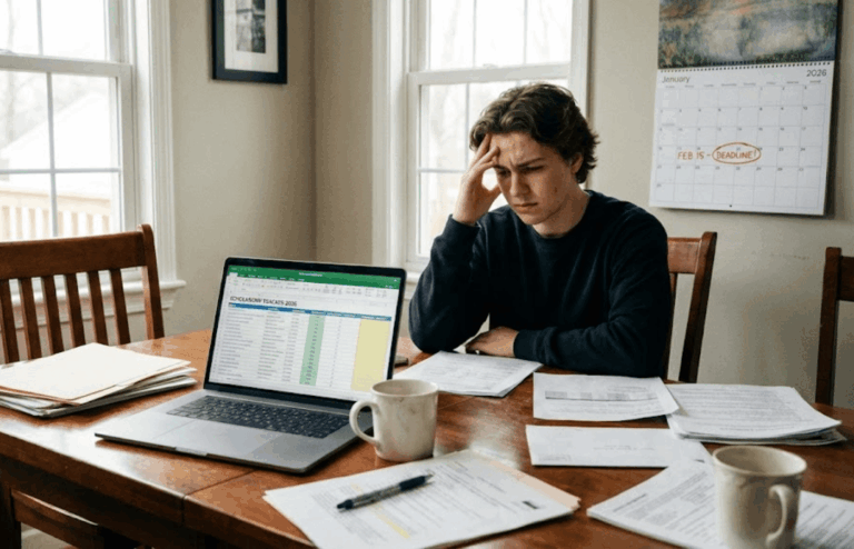 A student at a table, surrounded by application documents.