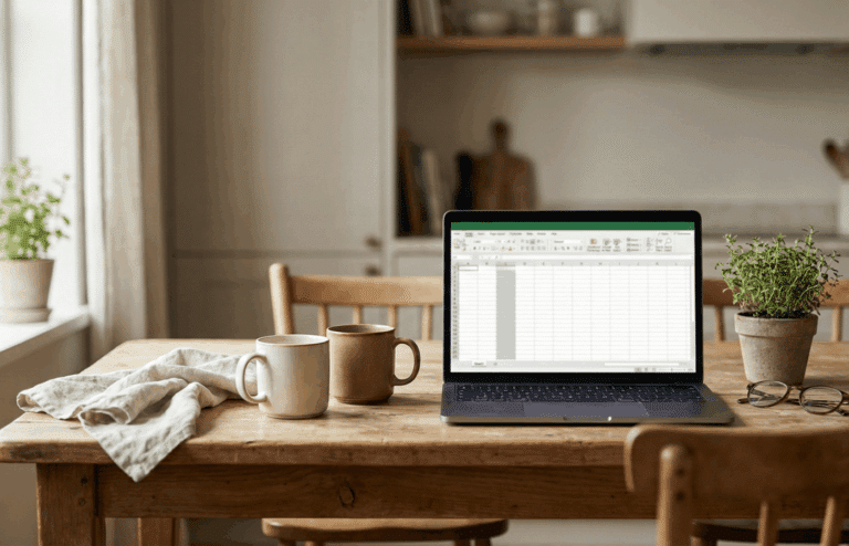 Two coffee mugs and a laptop showing a spreadsheet.