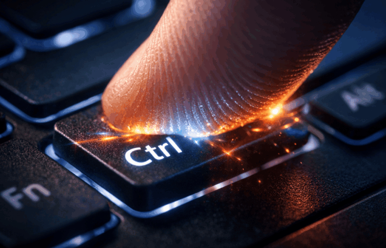 A finger pressing the control button for shortcuts in Excel.