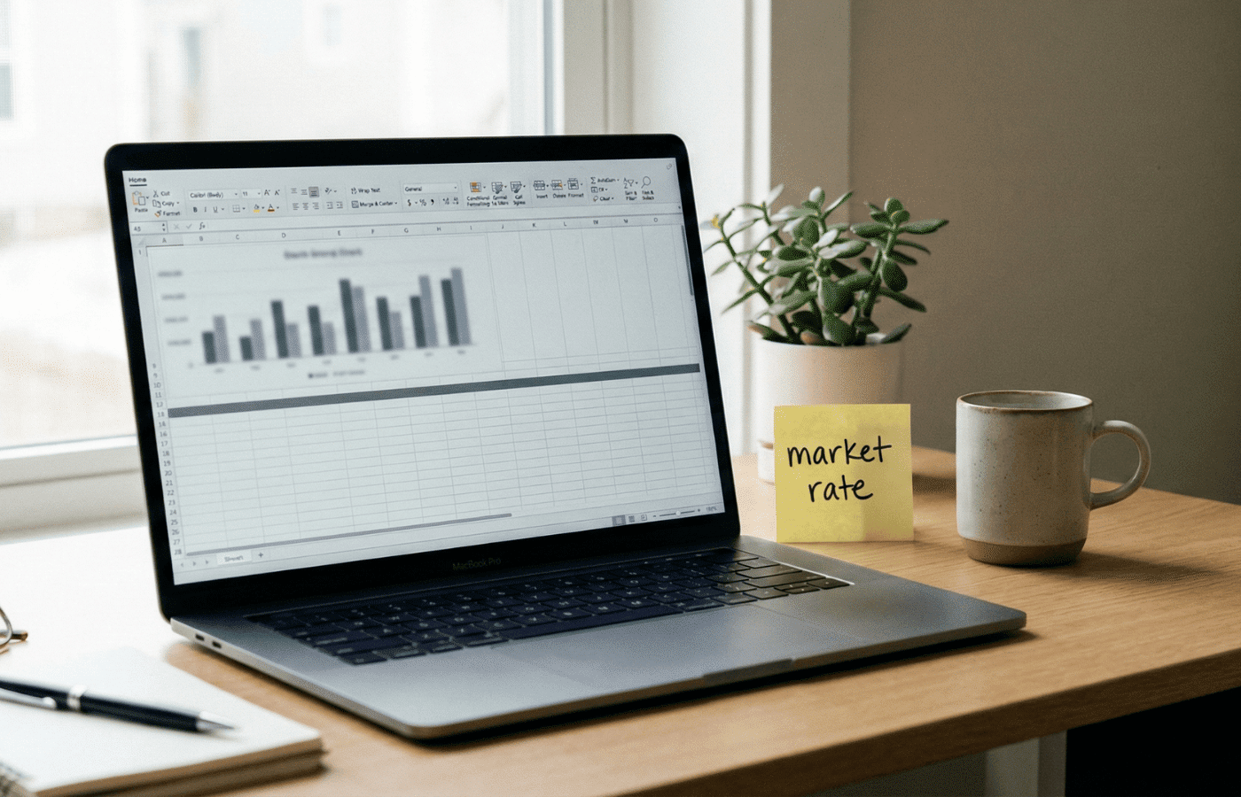 A home office desk with a laptop showing a generic chart and spreadsheet.