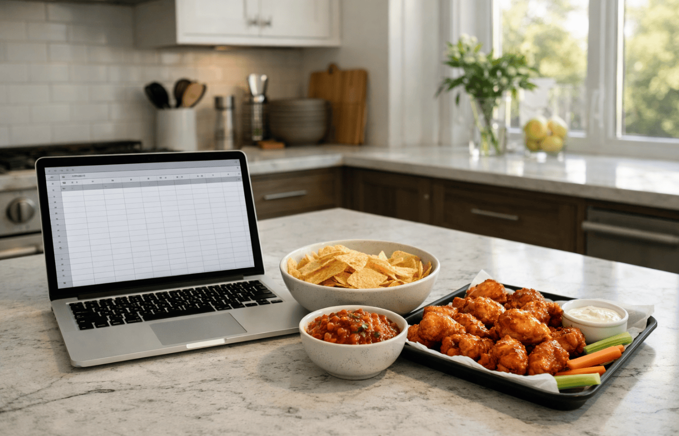 A party food calculator next to snacks.