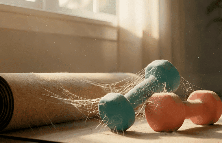 Unused hand weights sitting on a yoga mat covered in dust.
