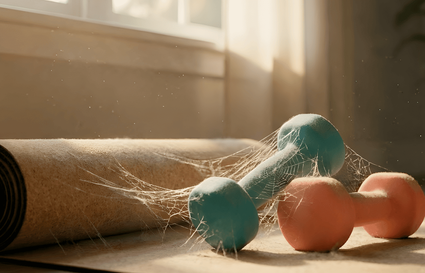 Unused hand weights sitting on a yoga mat covered in dust.