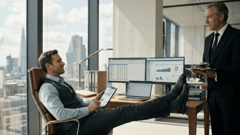 An accountant with a butler next to him, serving a cup of tea.