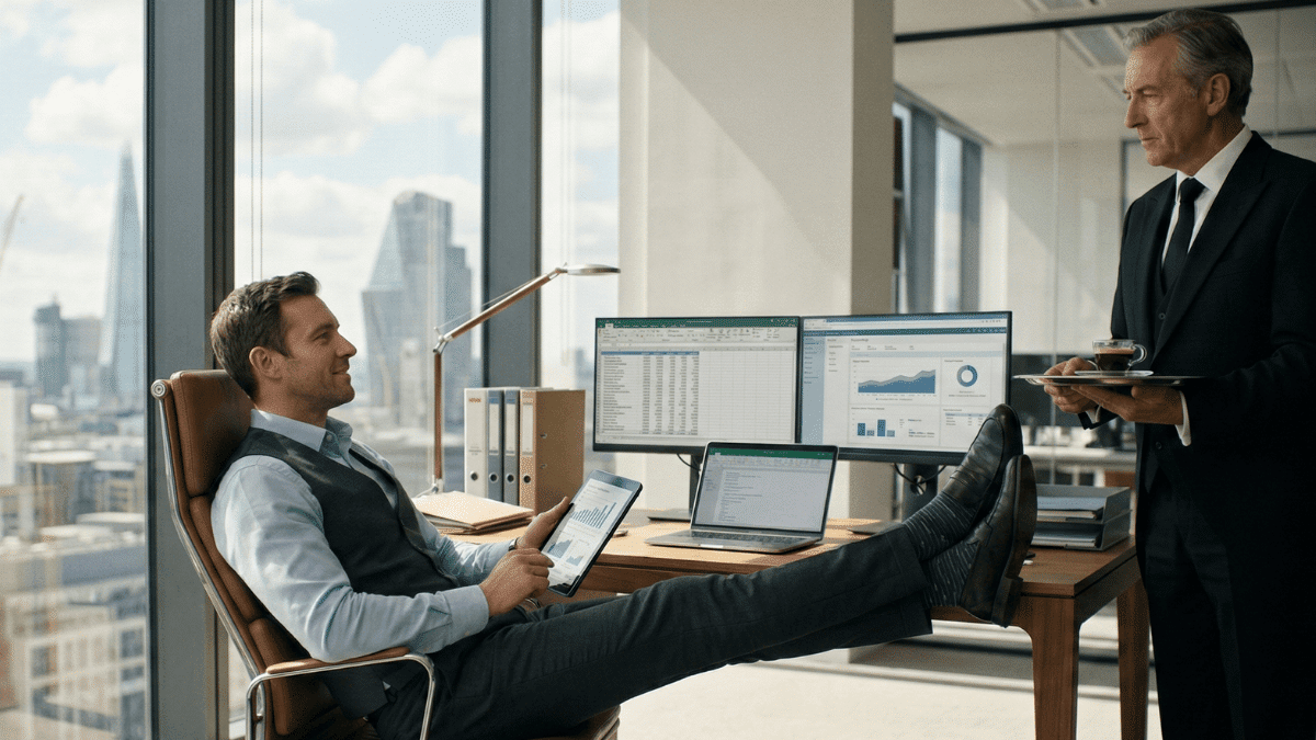 An accountant with a butler next to him, serving a cup of tea.