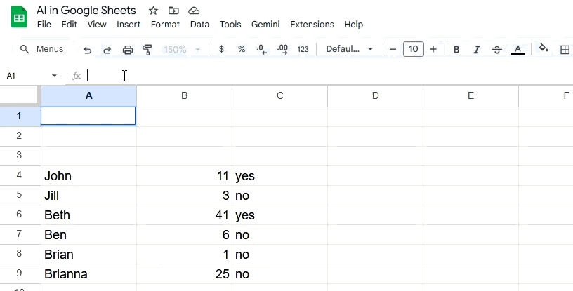 An animation showing how to use the AI function in Google Sheets and the resultant output.