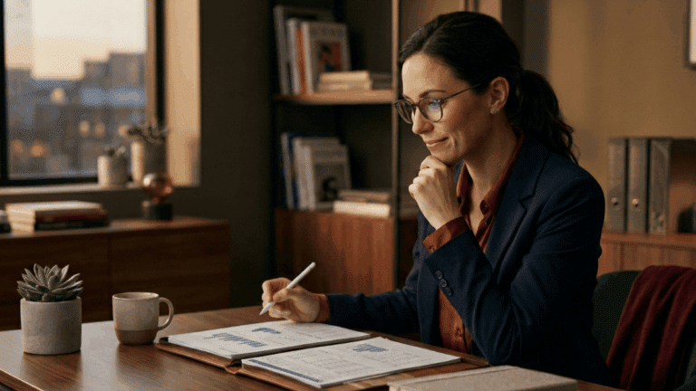 A professional accountant at her desk, reviewing documents.