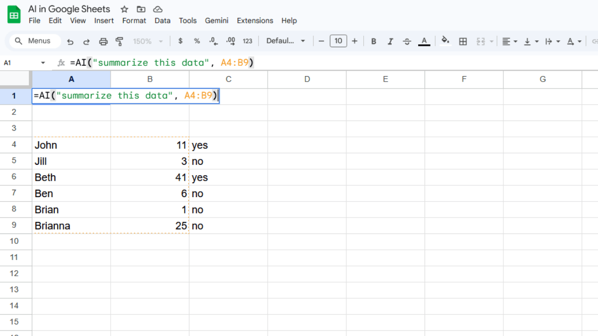 The input vs the result of the AI function in Google Sheets.