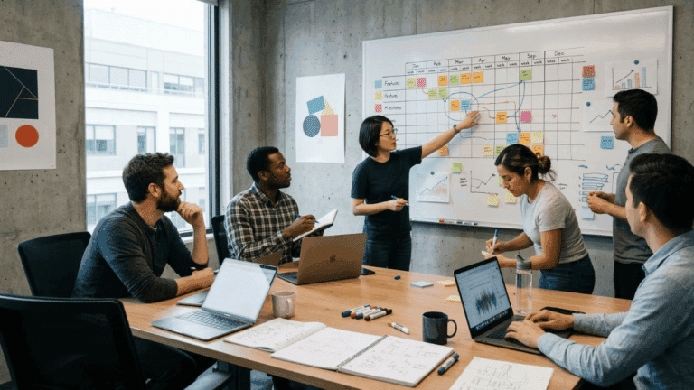 A dev team during a 90-day sprint, using a speadsheet and whiteboard.