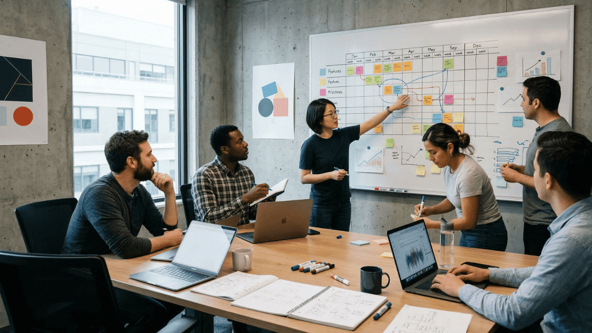 A dev team during a 90-day sprint, using a speadsheet and whiteboard.