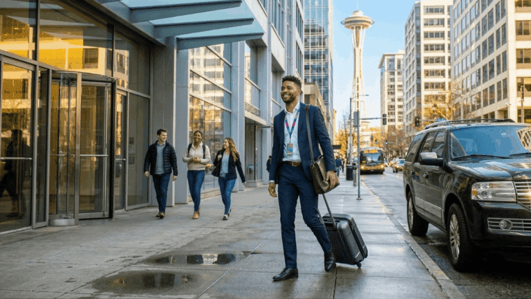 A tech salesman walking into an office building.