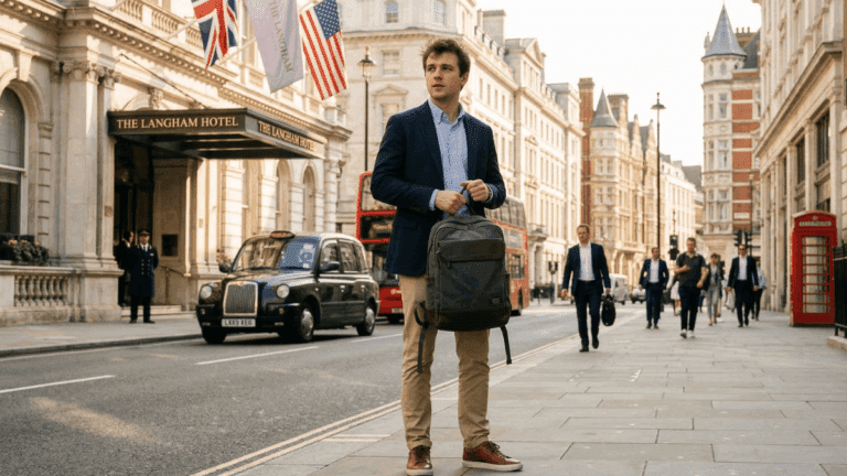A business traveler in London, holding a laptop backpack.