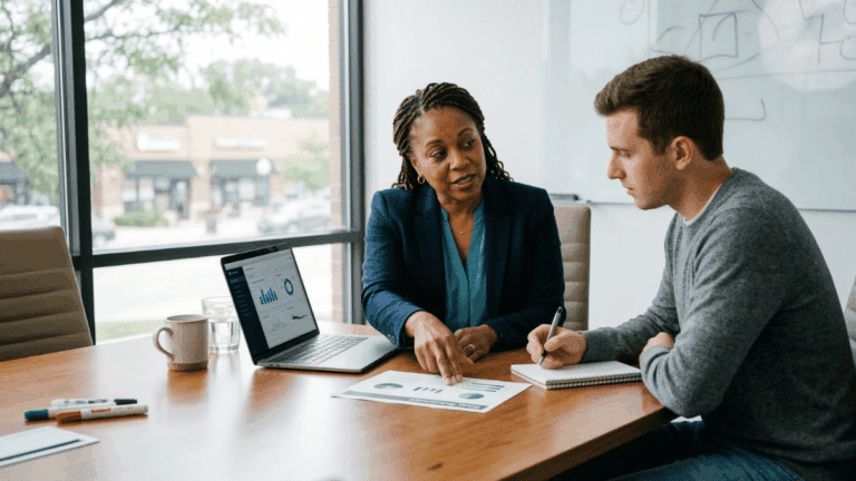 An HR person helps a team member with professional goals.
