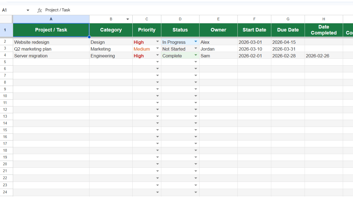 Task log tab of the project status tracker showing sample tasks with color-coded status cells and data bar progress indicators