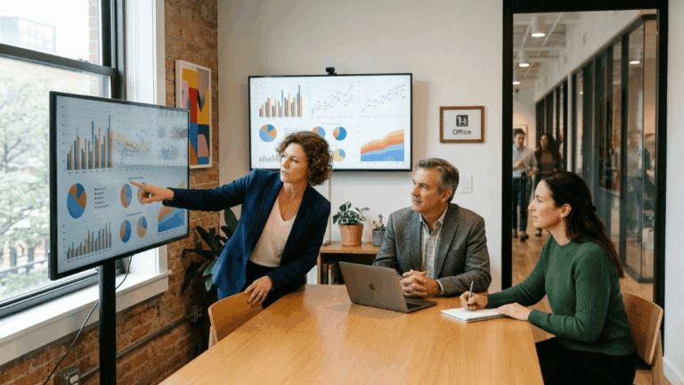 The CEO, CRO, and CMO discuss quarterly business goals in a meeting room.