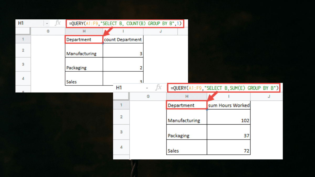 Two ways of using the query formula in Google Sheets.