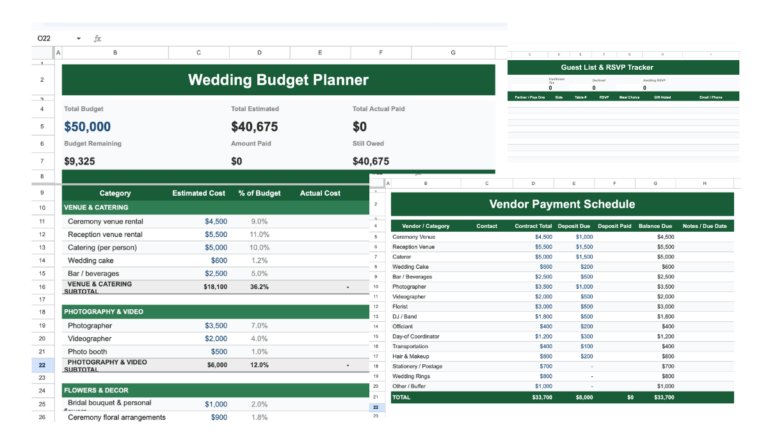 The three premade tabs in the wedding planning spreadsheet template from Spreadsheet Point.