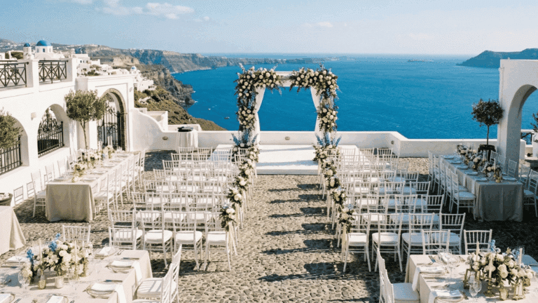 An empty wedding venue overlooking the water.