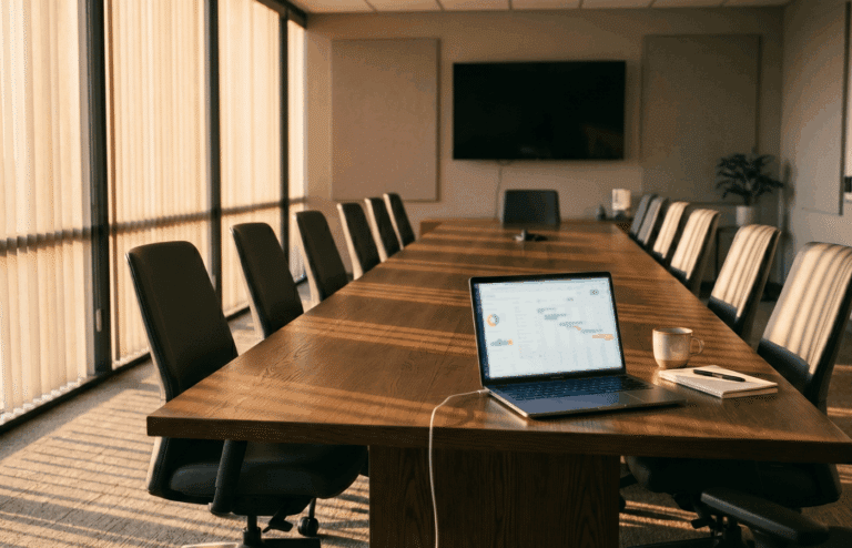 An empty conference room with a laptop showing a gantt chart.