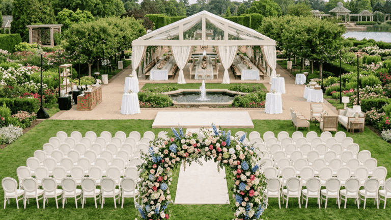 A wedding ceremony set up in the gardens in Chicago.