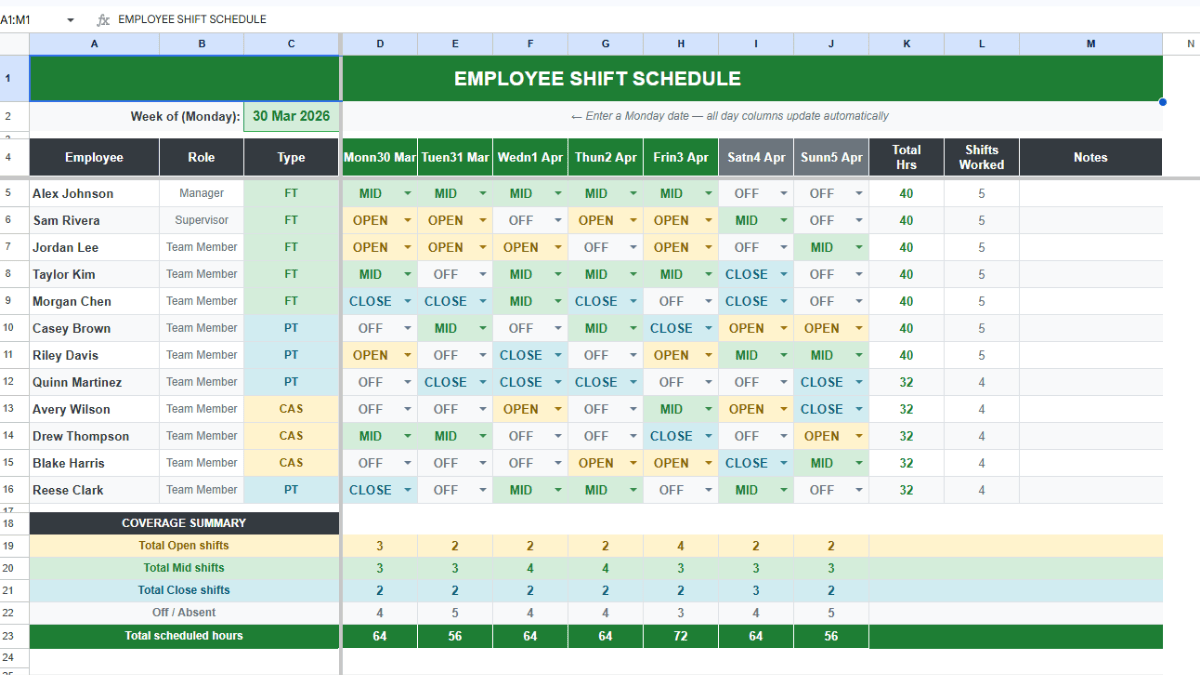 A screenshot of the employee shift schedule template from Spreadsheet Point.