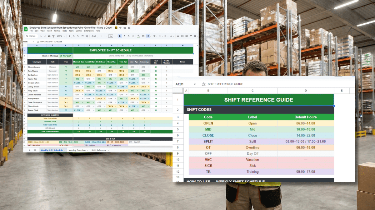 The employee shift schedule template for Google Sheets overlaid on a warehouse photo.